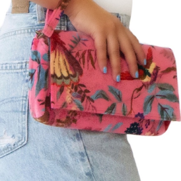 Vintage Printed Velvet Bag Clutch Bag with Floral and Exotic Bird  Image